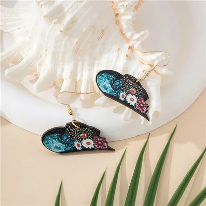 1 Pair Bohemian Cowboy Style Flower Printing Wood Drop Earrings