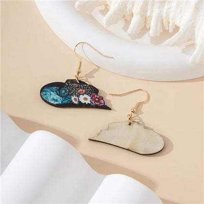 1 Pair Bohemian Cowboy Style Flower Printing Wood Drop Earrings