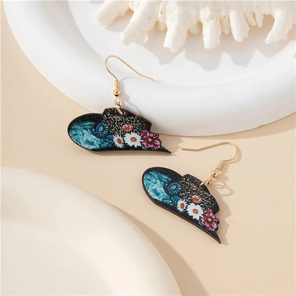 1 Pair Bohemian Cowboy Style Flower Printing Wood Drop Earrings