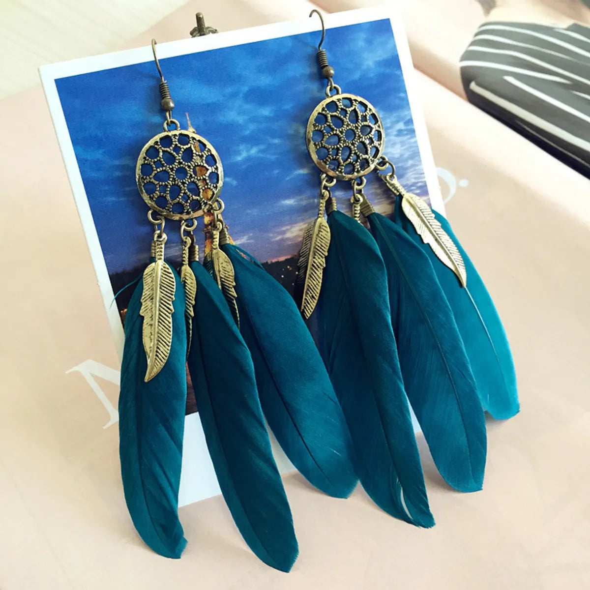 1 Pair Bohemian Dreamcatcher Plating Feather Drop Earrings