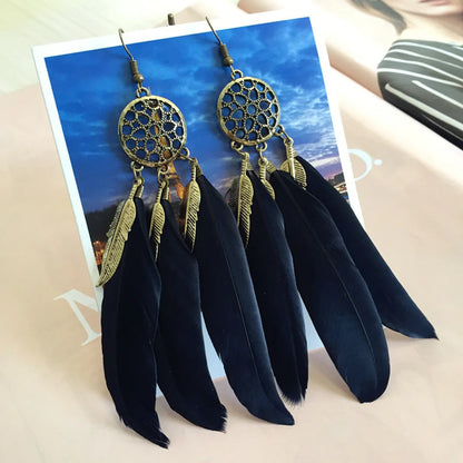 1 Pair Bohemian Dreamcatcher Plating Feather Drop Earrings