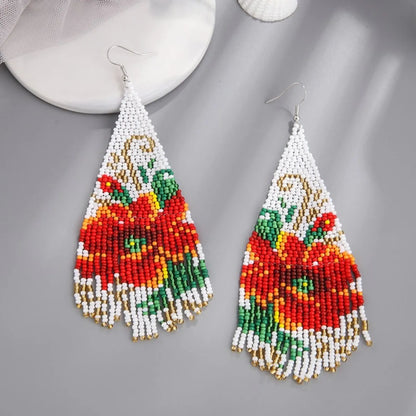 1 Pair Bohemian Flower Beaded Tassel Seed Bead Drop Earrings