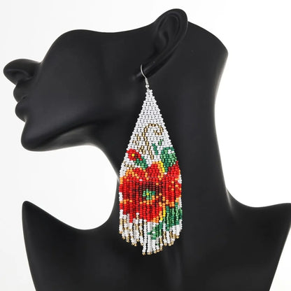 1 Pair Bohemian Flower Beaded Tassel Seed Bead Drop Earrings