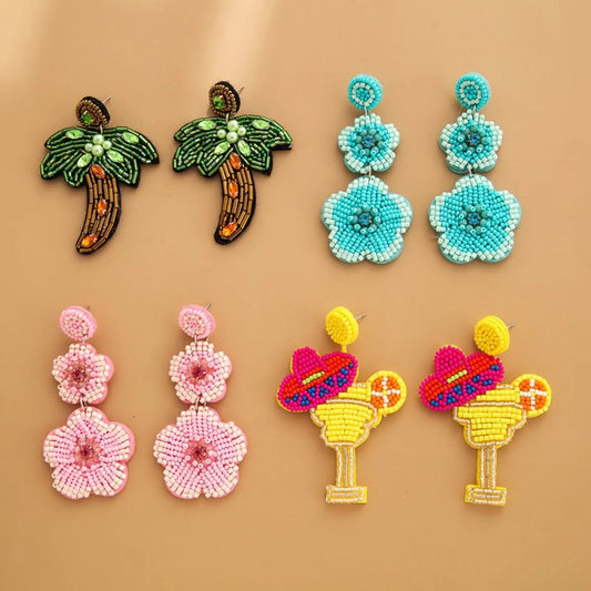 1 Pair Bohemian Flower Patchwork Seed Bead Drop Earrings