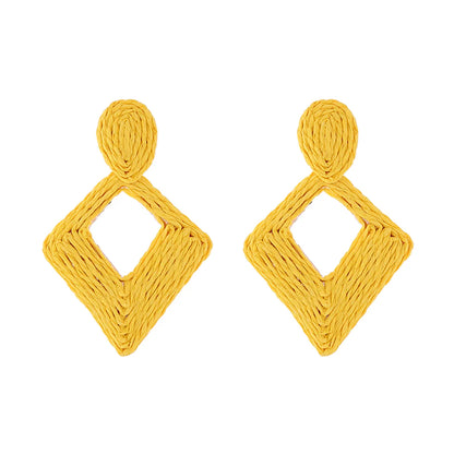 1 Pair Bohemian Geometric Rhombus Handmade Alloy Raffia Drop Earrings