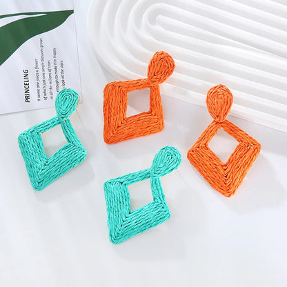 1 Pair Bohemian Geometric Rhombus Handmade Alloy Raffia Drop Earrings