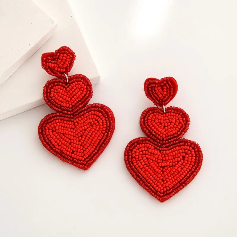 1 Pair Bohemian Heart Shape Patchwork Seed Bead Drop Earrings