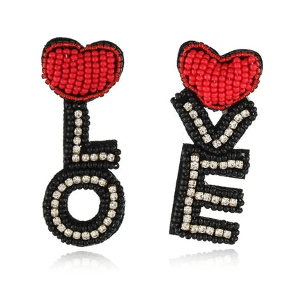 1 Pair Bohemian Heart Shape Patchwork Seed Bead Drop Earrings