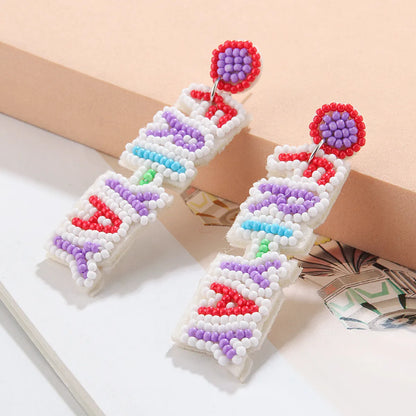 1 Pair Bohemian Letter Heart Shape Pencil Beaded Cloth Glass Drop Earrings