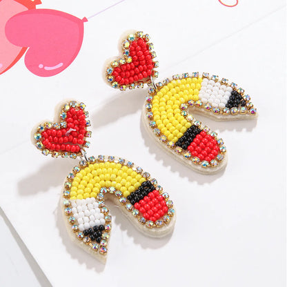 1 Pair Bohemian Letter Heart Shape Pencil Beaded Cloth Glass Drop Earrings