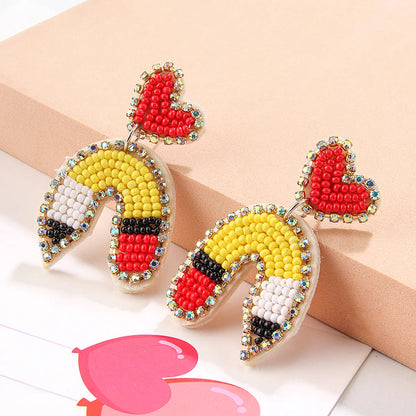 1 Pair Bohemian Letter Heart Shape Pencil Beaded Cloth Glass Drop Earrings