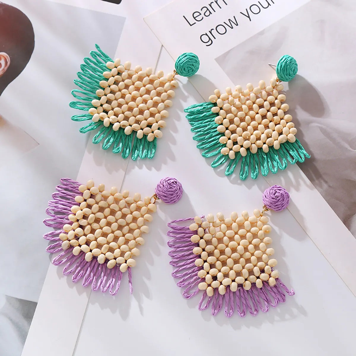 1 Pair Bohemian Quadrilateral Braid Raffia Drop Earrings