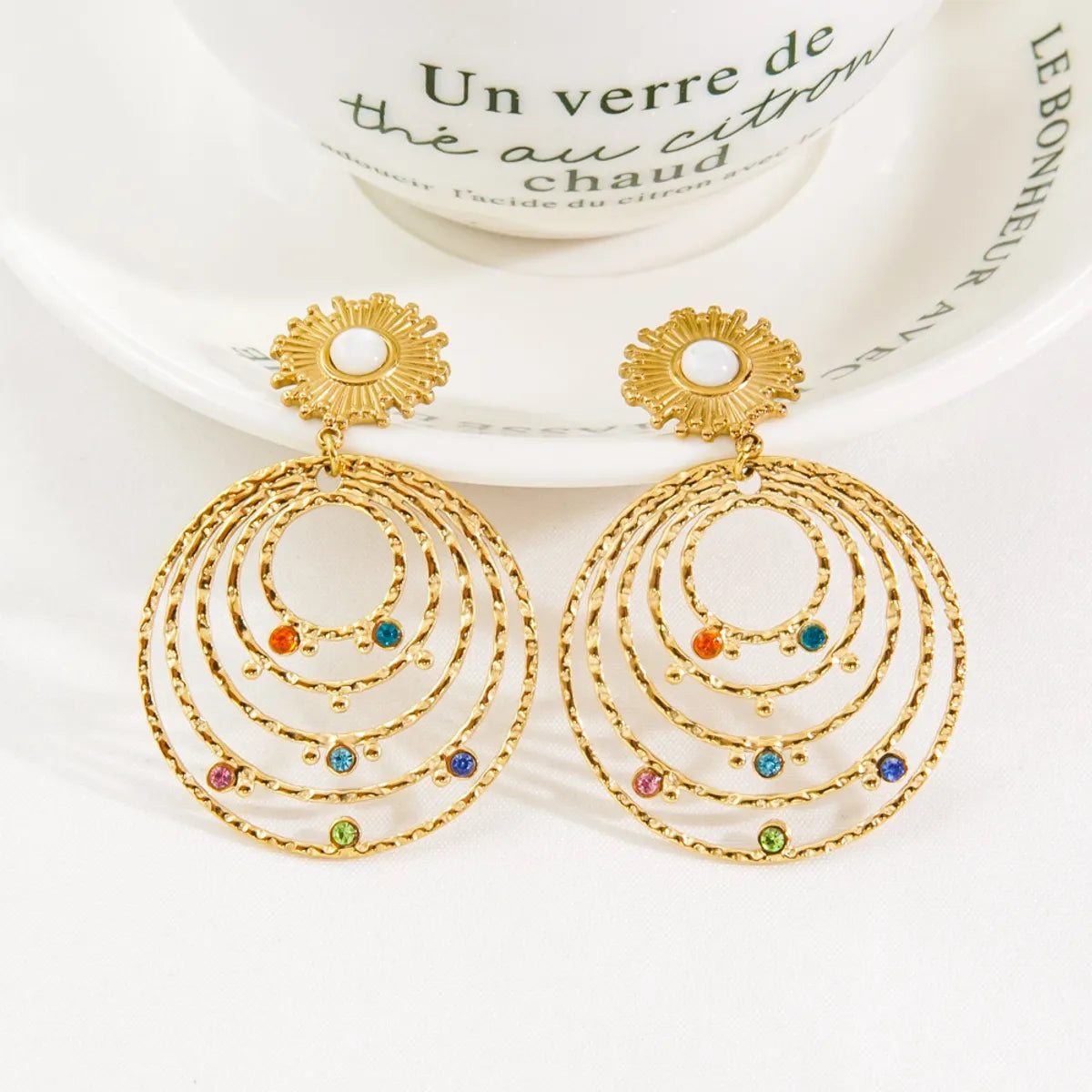 1 Pair Bohemian Round Plating Inlay Stainless Steel Natural Stone Zircon Drop Earrings