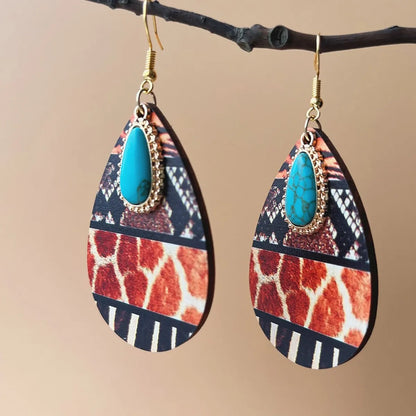 1 Pair Bohemian Simple Style Streetwear Geometric Water Droplets Inlay Alloy Wood Turquoise Drop Earrings