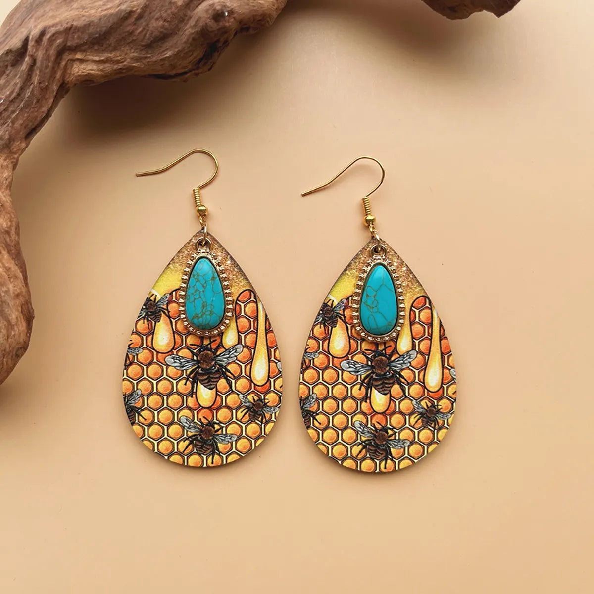 1 Pair Bohemian Simple Style Streetwear Geometric Water Droplets Inlay Alloy Wood Turquoise Drop Earrings