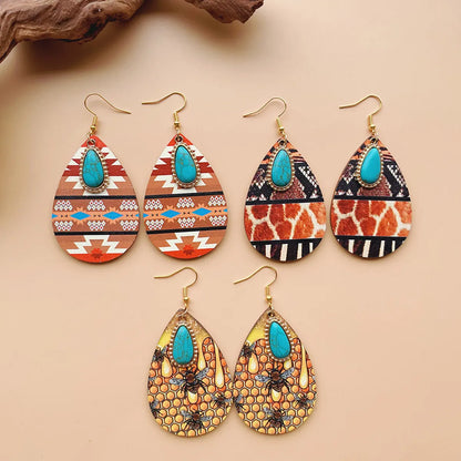 1 Pair Bohemian Simple Style Streetwear Geometric Water Droplets Inlay Alloy Wood Turquoise Drop Earrings