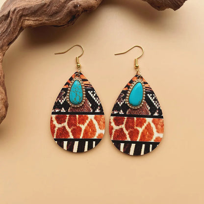 1 Pair Bohemian Simple Style Streetwear Geometric Water Droplets Inlay Alloy Wood Turquoise Drop Earrings