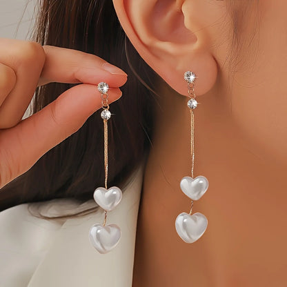 1 Pair Bohemian Sweet Tassel Heart Shape Inlay Imitation Pearl Rhinestones Drop Earrings