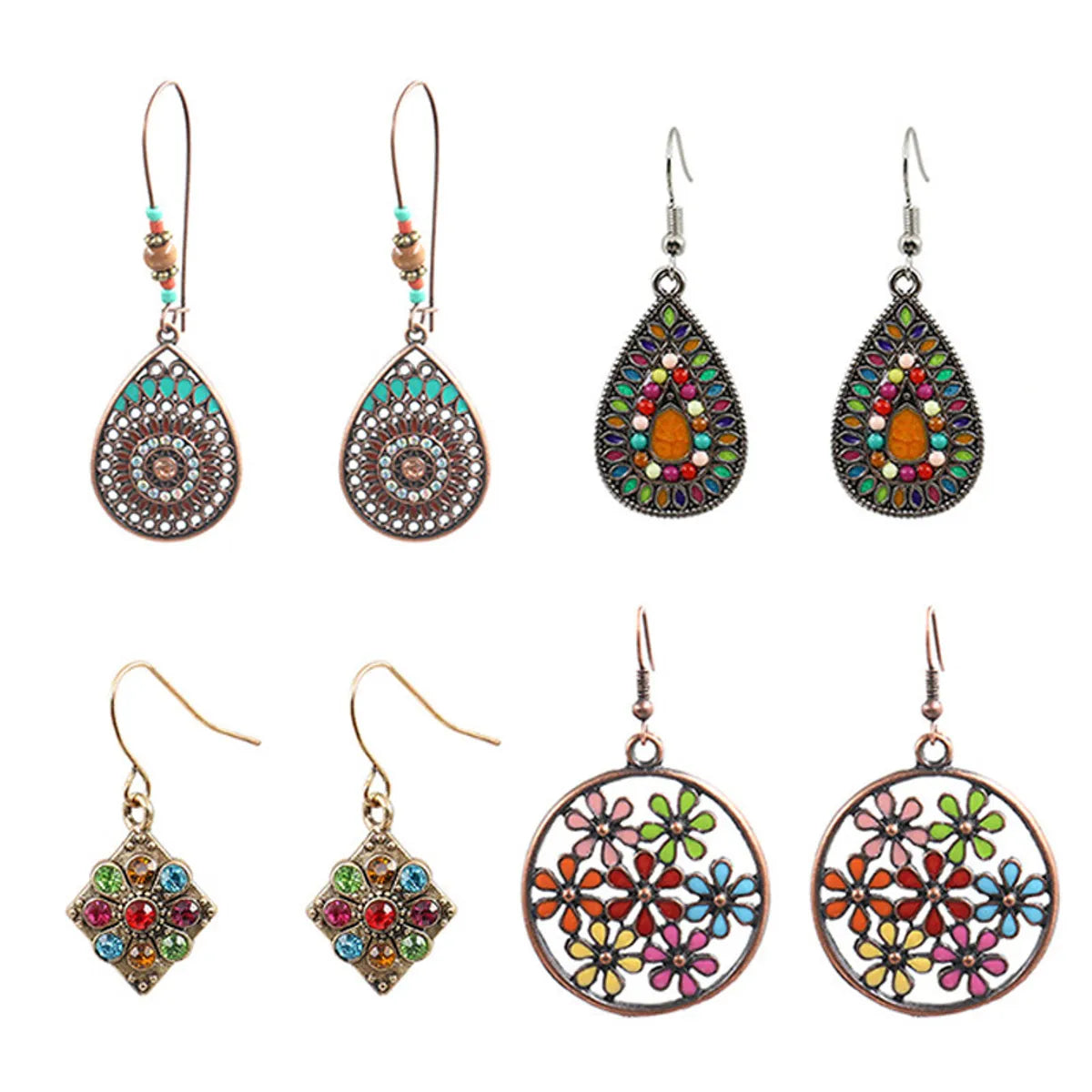 1 Pair Bohemian Water Droplets Flower Rhombus Enamel Inlay Alloy Rhinestones Drop Earrings