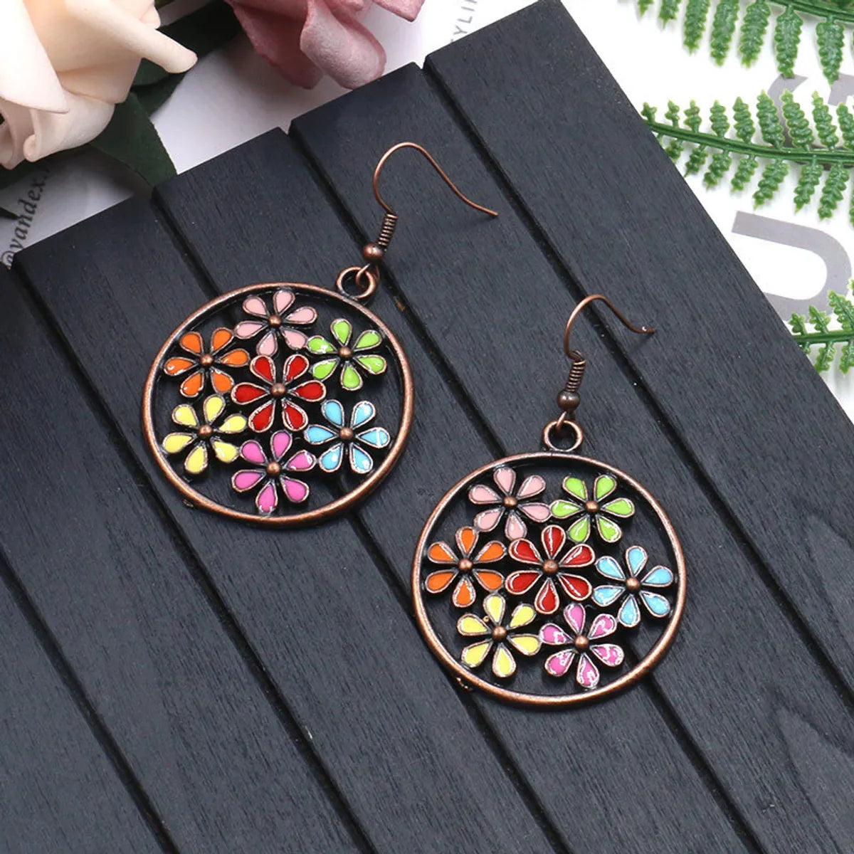 1 Pair Bohemian Water Droplets Flower Rhombus Enamel Inlay Alloy Rhinestones Drop Earrings