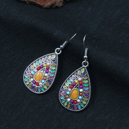 1 Pair Bohemian Water Droplets Flower Rhombus Enamel Inlay Alloy Rhinestones Drop Earrings