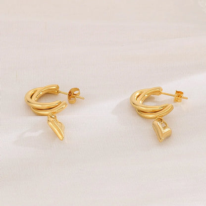 1 Pair Bridal Shiny Heart Shape Plating Stainless Steel 18k Gold Plated Drop Earrings Ear Studs