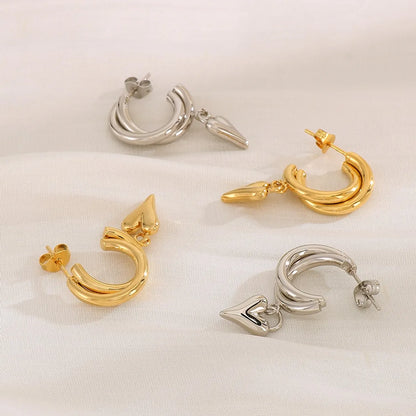 1 Pair Bridal Shiny Heart Shape Plating Stainless Steel 18k Gold Plated Drop Earrings Ear Studs