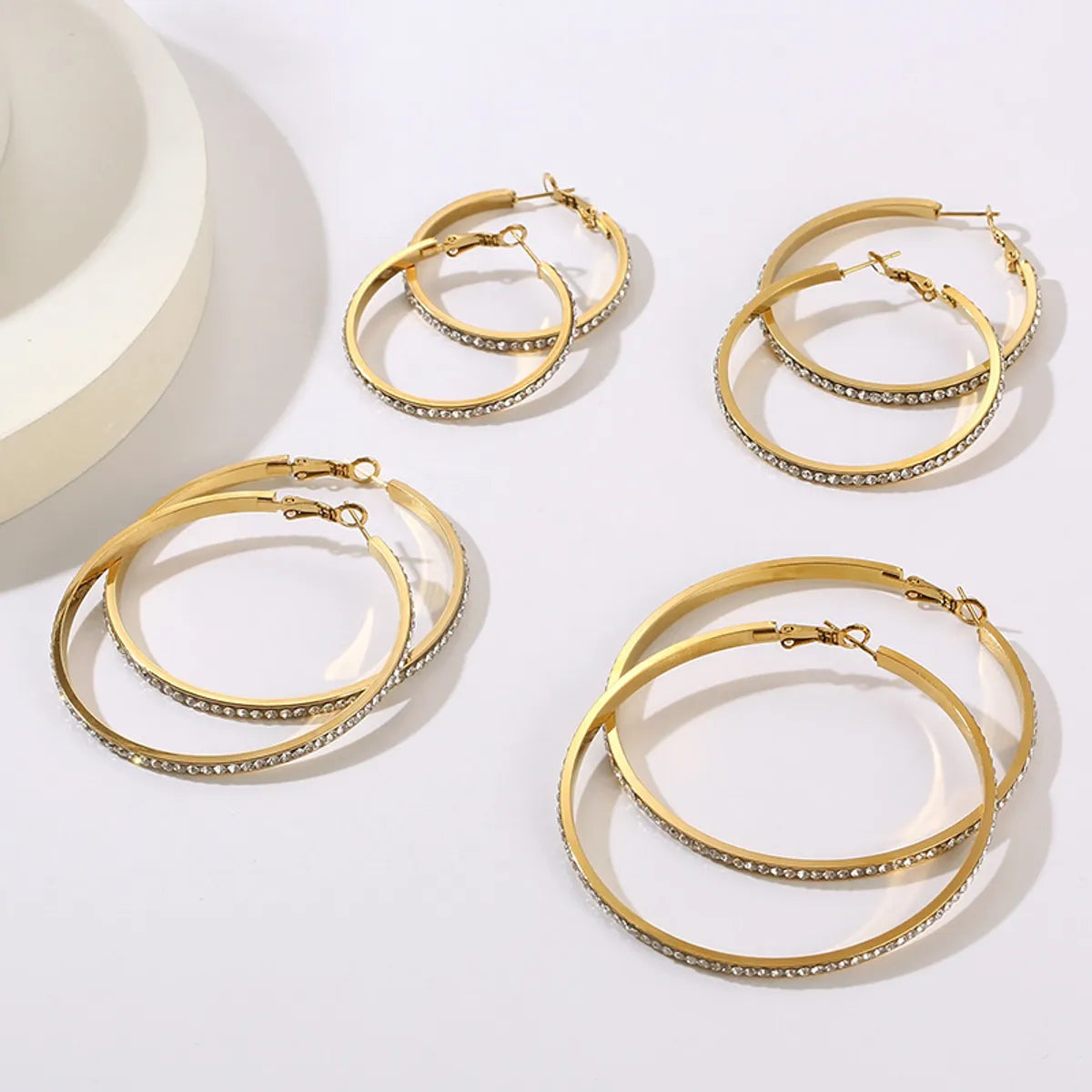 1 Pair Bridal Shiny Solid Color Plating Inlay Stainless Steel Artificial Diamond 18k Gold Plated Hoop Earrings