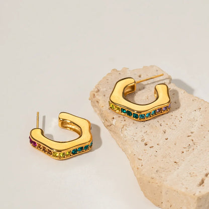 1 Pair Business C Shape Plating Inlay Stainless Steel Zircon 18k Gold Plated Ear Studs