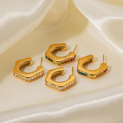 1 Pair Business C Shape Plating Inlay Stainless Steel Zircon 18k Gold Plated Ear Studs