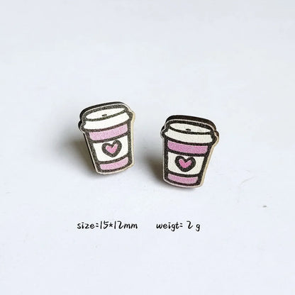 1 Pair Cartoon Style Book Rainbow Apple Wood Printing Women'S Ear Studs