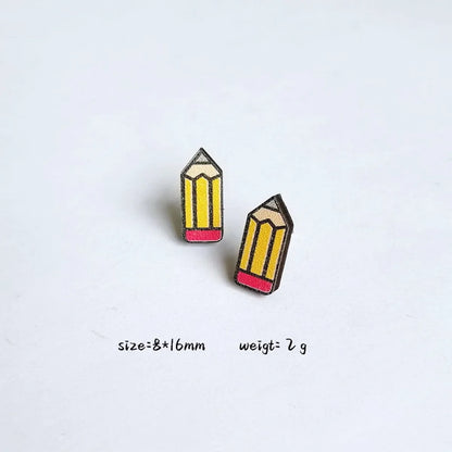 1 Pair Cartoon Style Book Rainbow Apple Wood Printing Women'S Ear Studs