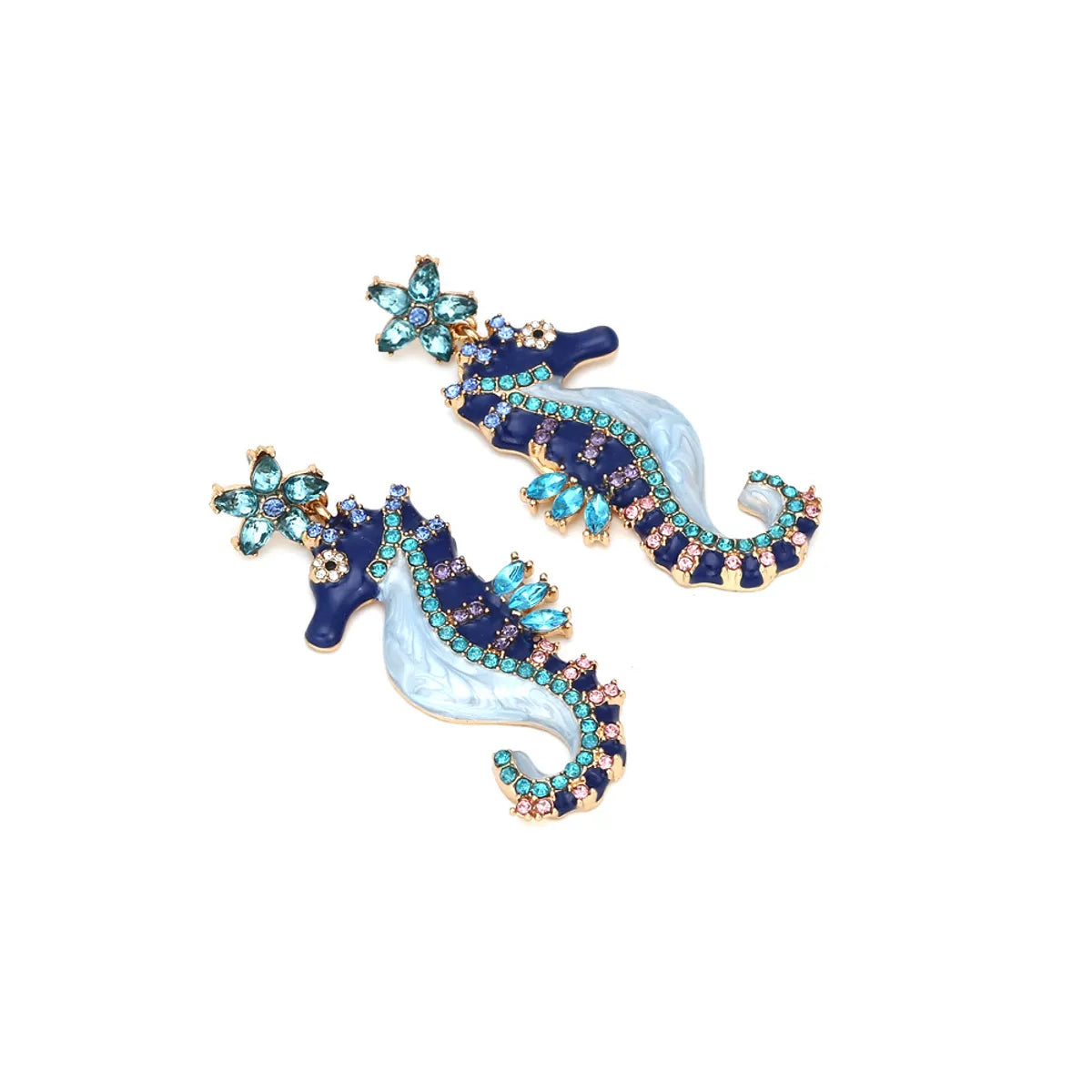 1 Pair Cartoon Style Cute Hippocampus Enamel Zinc Alloy Rhinestones Drop Earrings