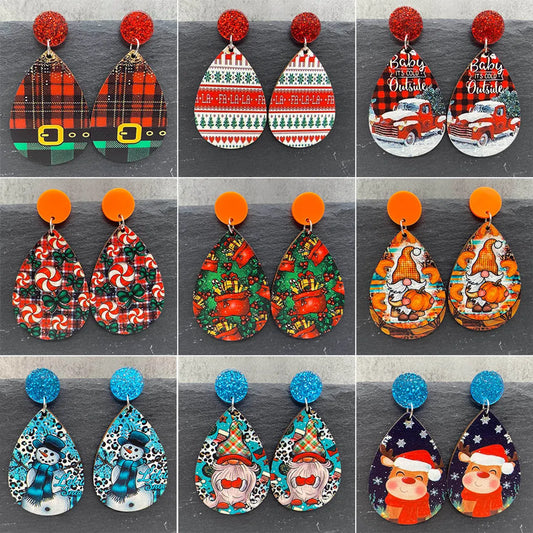 1 Pair Cartoon Style Cute Santa Claus Snowman Wood Drop Earrings