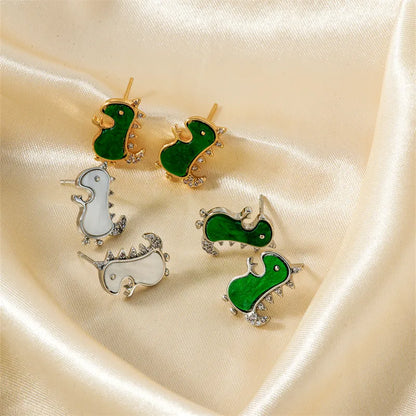 1 Pair Cartoon Style Cute Shiny Dinosaur Inlay Copper Zircon K Gold Plated Ear Studs