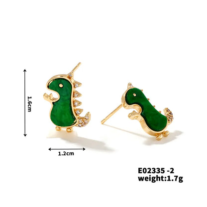 1 Pair Cartoon Style Cute Shiny Dinosaur Inlay Copper Zircon K Gold Plated Ear Studs