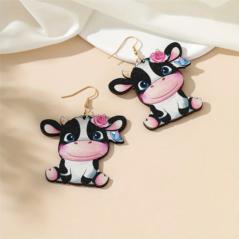 1 Pair Cartoon Style Cute Sweet Printing Cows Wood Drop Earrings