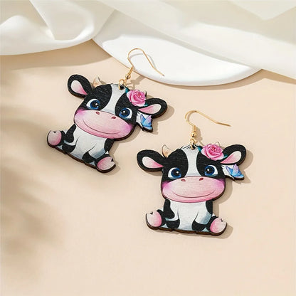 1 Pair Cartoon Style Cute Sweet Printing Cows Wood Drop Earrings