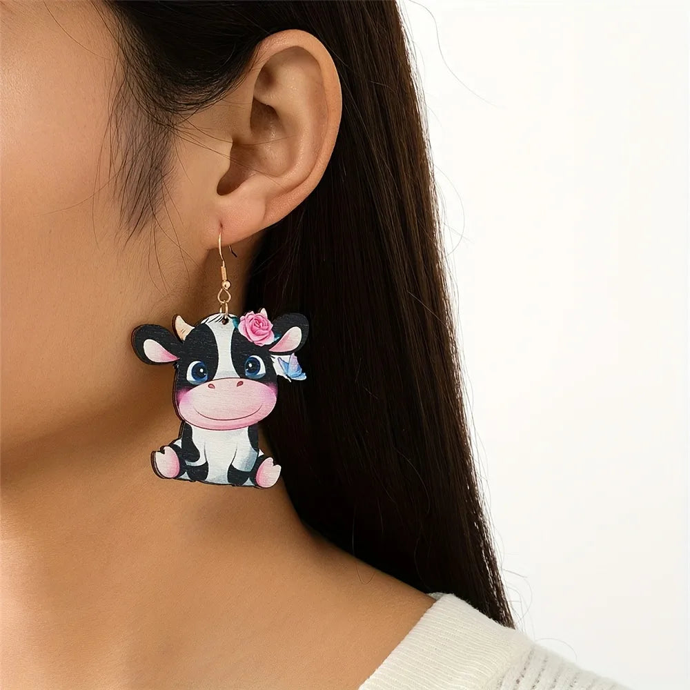 1 Pair Cartoon Style Cute Sweet Printing Cows Wood Drop Earrings