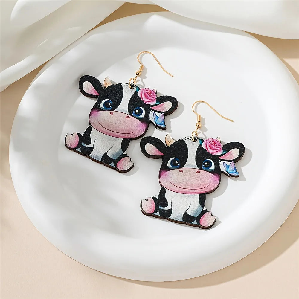 1 Pair Cartoon Style Cute Sweet Printing Cows Wood Drop Earrings