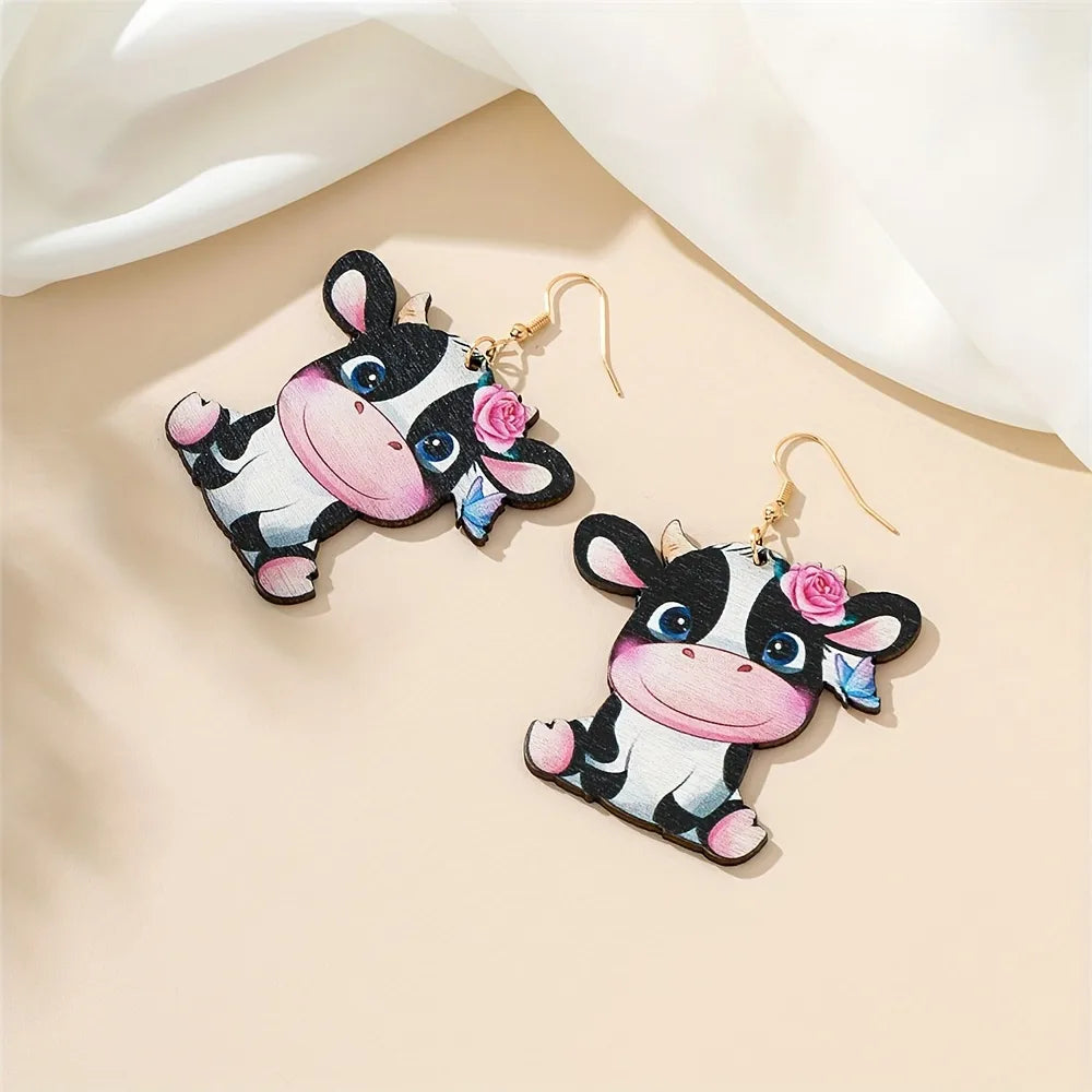 1 Pair Cartoon Style Cute Sweet Printing Cows Wood Drop Earrings