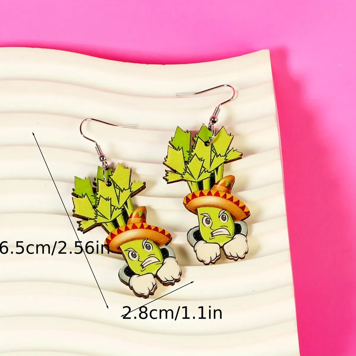 1 Pair Cartoon Style Funny Celery Printing Wood Drop Earrings