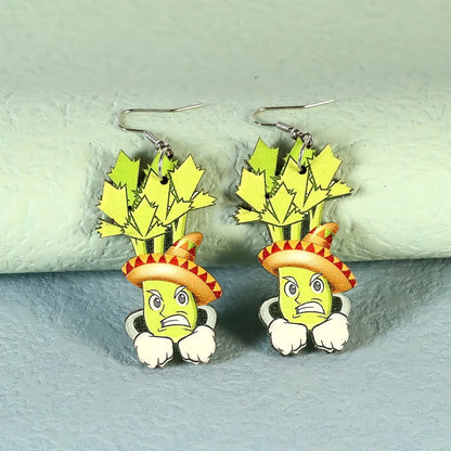 1 Pair Cartoon Style Funny Celery Printing Wood Drop Earrings