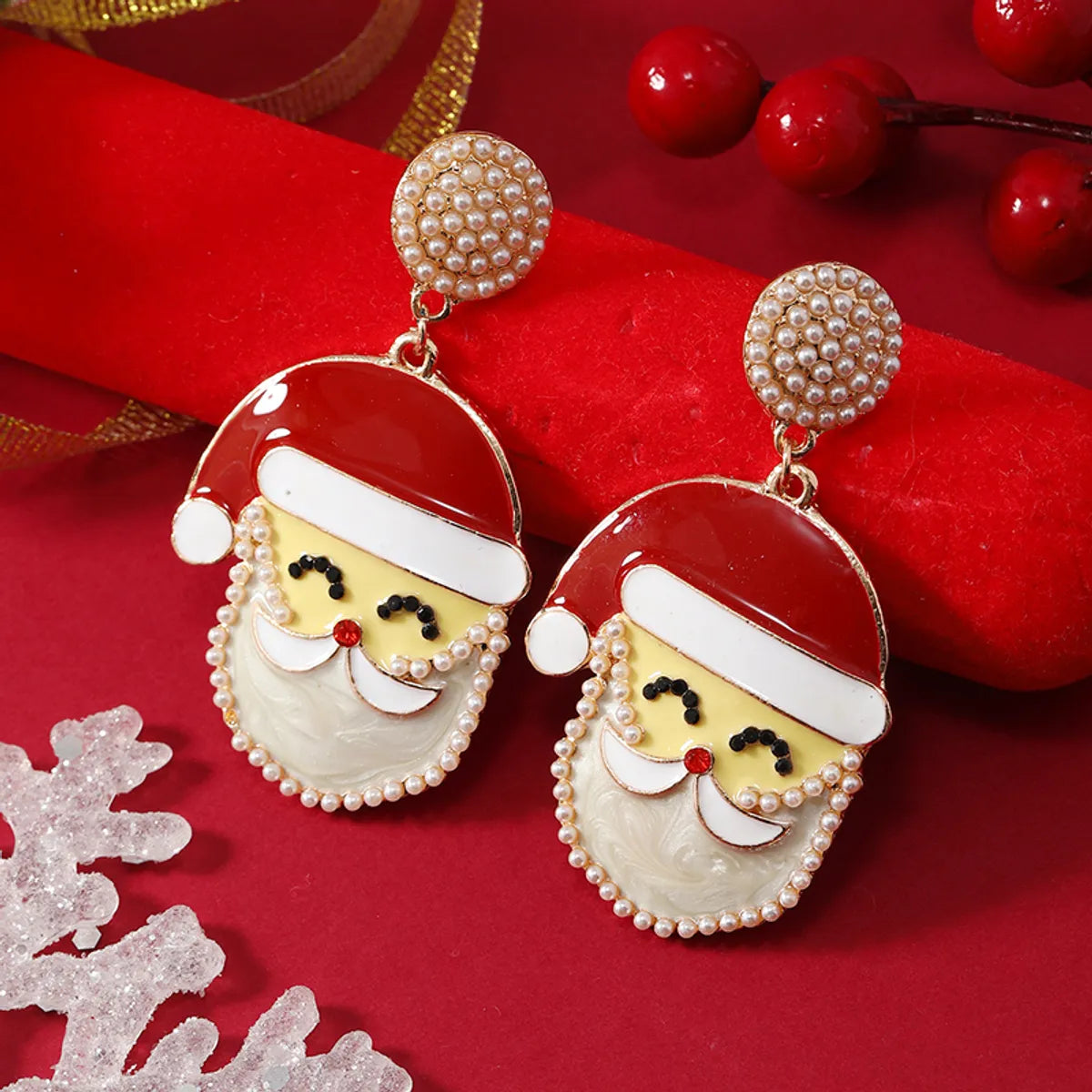 1 Pair Cartoon Style Santa Claus Inlay Alloy Pearl Drop Earrings