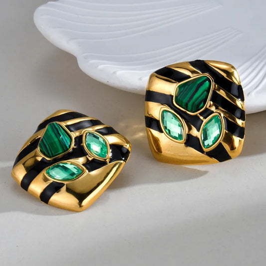 1 Pair Casual African Style Stripe Rhombus Inlay 304 Stainless Steel Malachite Zircon 18K Gold Plated Ear Studs