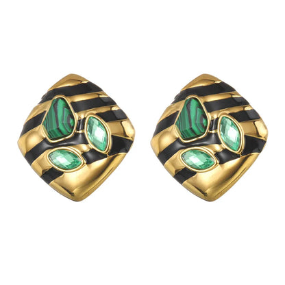 1 Pair Casual African Style Stripe Rhombus Inlay 304 Stainless Steel Malachite Zircon 18K Gold Plated Ear Studs