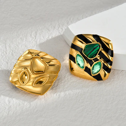 1 Pair Casual African Style Stripe Rhombus Inlay 304 Stainless Steel Malachite Zircon 18K Gold Plated Ear Studs