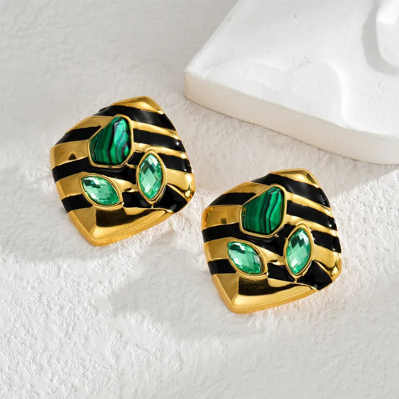 1 Pair Casual African Style Stripe Rhombus Inlay 304 Stainless Steel Malachite Zircon 18K Gold Plated Ear Studs