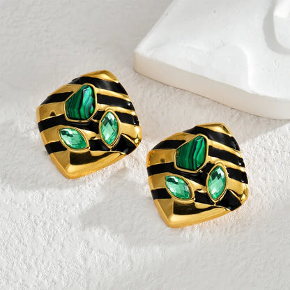 1 Pair Casual African Style Stripe Rhombus Inlay 304 Stainless Steel Malachite Zircon 18K Gold Plated Ear Studs