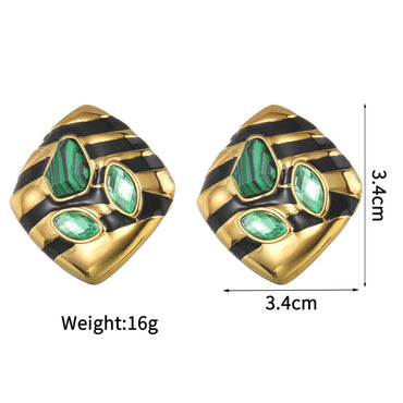 1 Pair Casual African Style Stripe Rhombus Inlay 304 Stainless Steel Malachite Zircon 18K Gold Plated Ear Studs